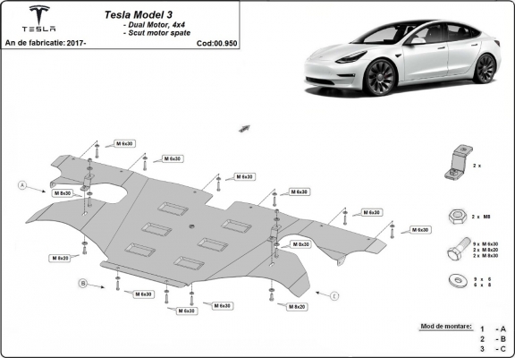 Protetor traseiro do motor para Tesla Model 3 AWD
