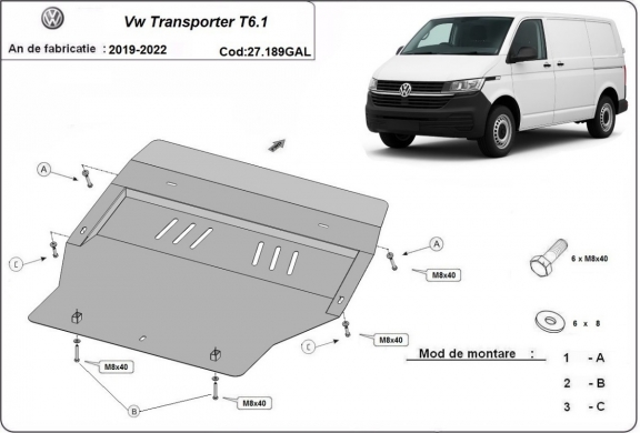 Protetor de Carter de aço galvanizado Volkswagen Transporter T6.1